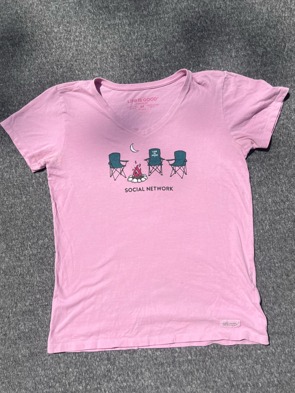 Life Is Good Pink V-Neck Tee with Campfire Graphic